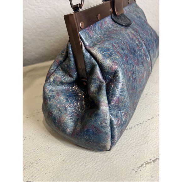 Patricia Nash Blue Embossed Floral Leather Snap Latch Doctor Style Shoulder Bag - Picture 2 of 15